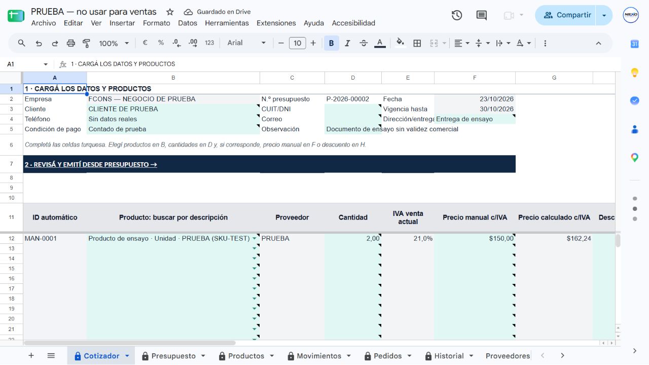 Captura real del Cotizador FCONS en Google Sheets, con celdas de entrada turquesa y datos de prueba